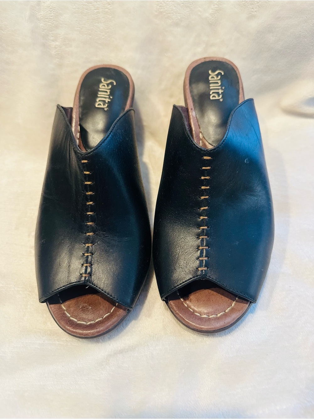 Sanita Baja Black Leather Peep Toe Mule Block Heels Women Sz 40 US 9 Punk Grunge